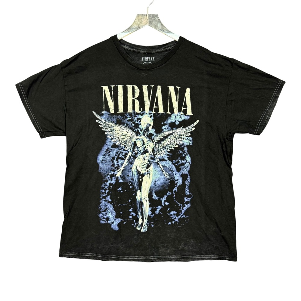 Nirvana Band Tee Mens XL Black Acid Wash‎ Graphic T-Shirt Angel Retro 90s NWOT